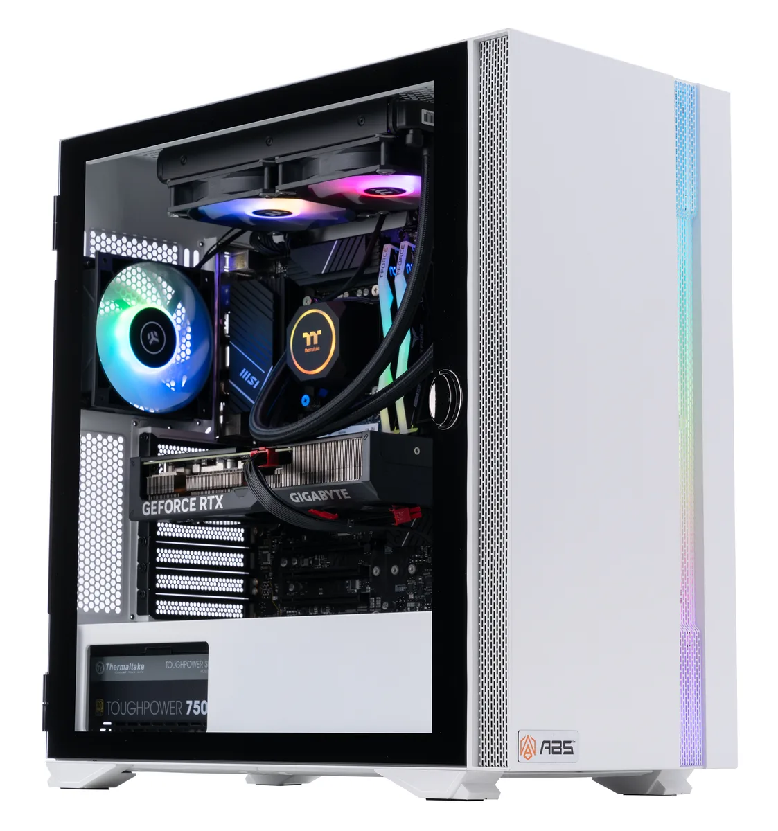 White mid-tower gaming desktop with RGB liquid cooling visible through side panel