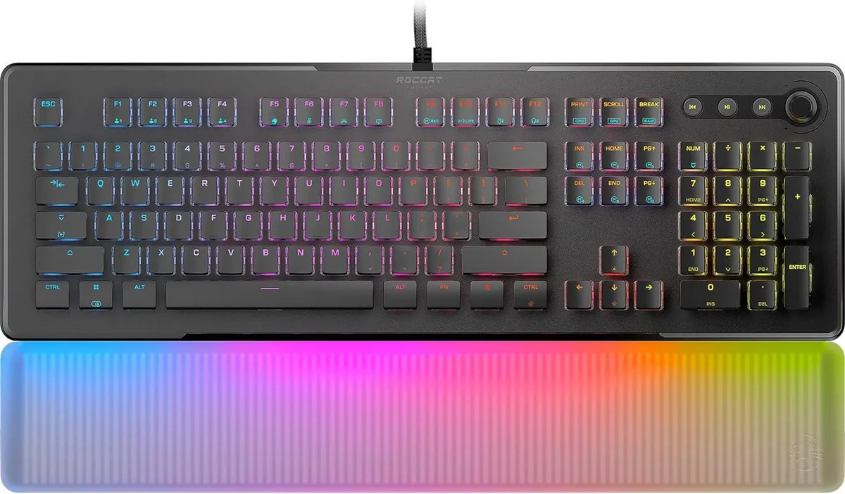 Black gaming keyboard with aluminum plate and translucent detachable palm rest