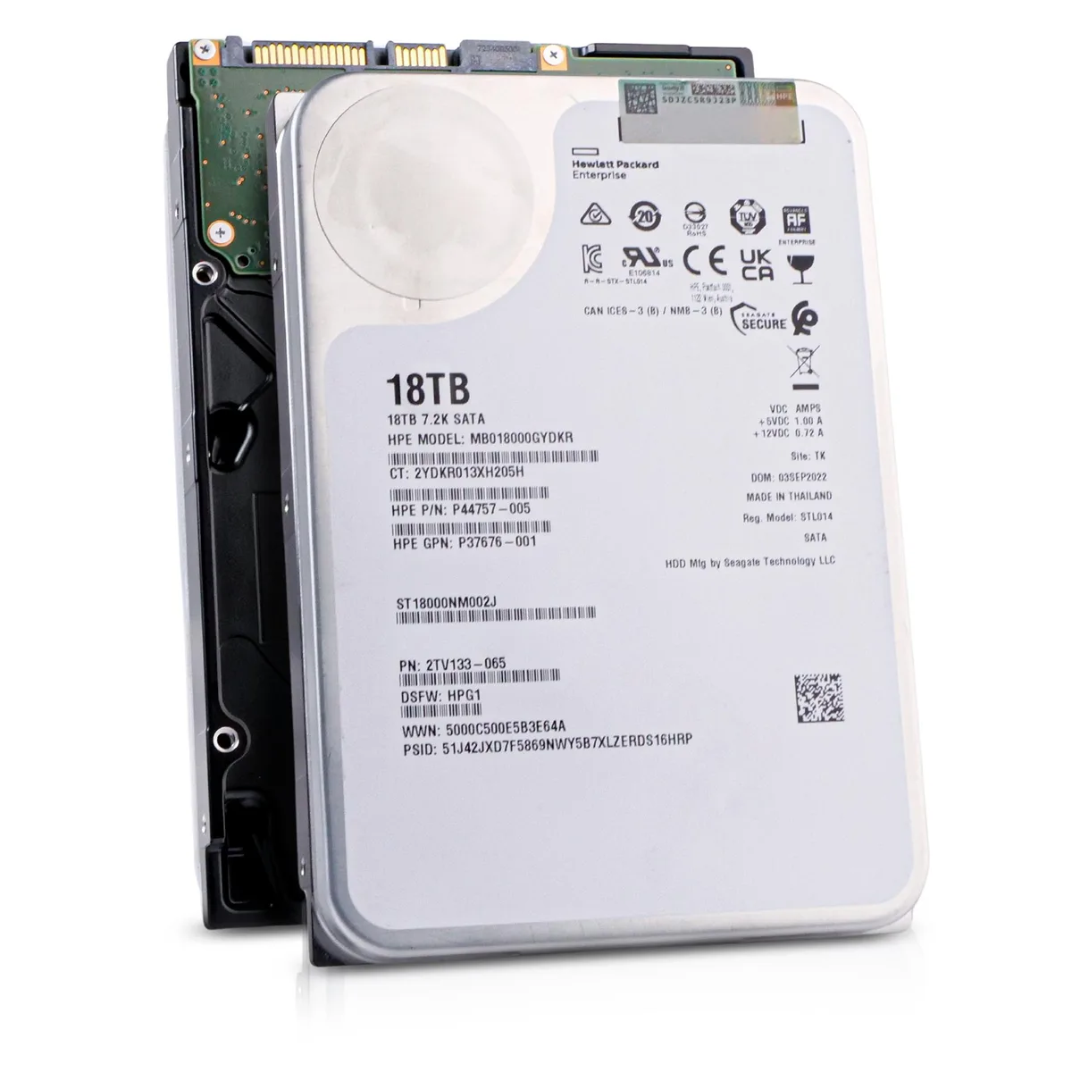 Seagate Exos X18 18TB 3.5in enterprise hard drive, silver aluminium casing, SATA connectors visible