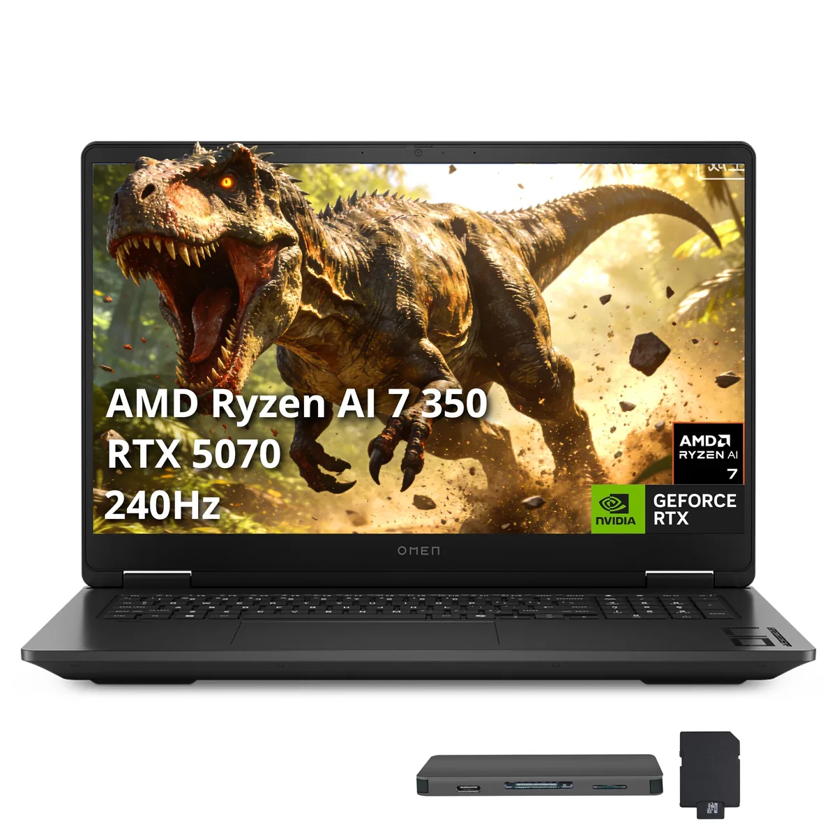 Black 17.3 inch gaming laptop with QHD 240Hz display and RGB backlit keyboard