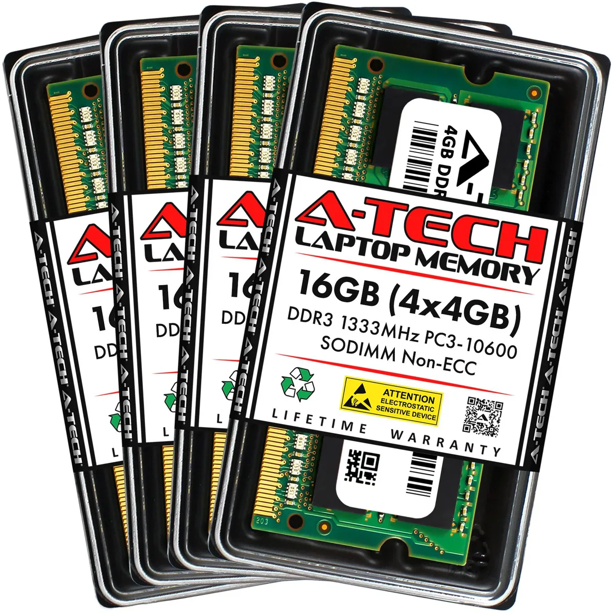 A-Tech A-Tech 16GB (4x4GB) DDR3 1333MHz SODIMM PC3-10600 204-Pin CL9 Non-ECC Unbuffered laptop RAM — photo du produit