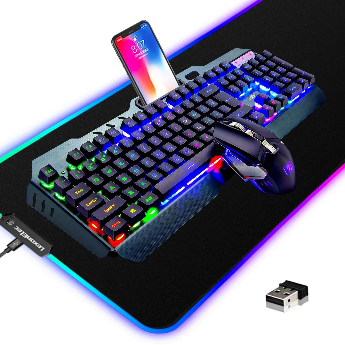 Wireless keyboard, mouse and large RGB mousepad on desk
