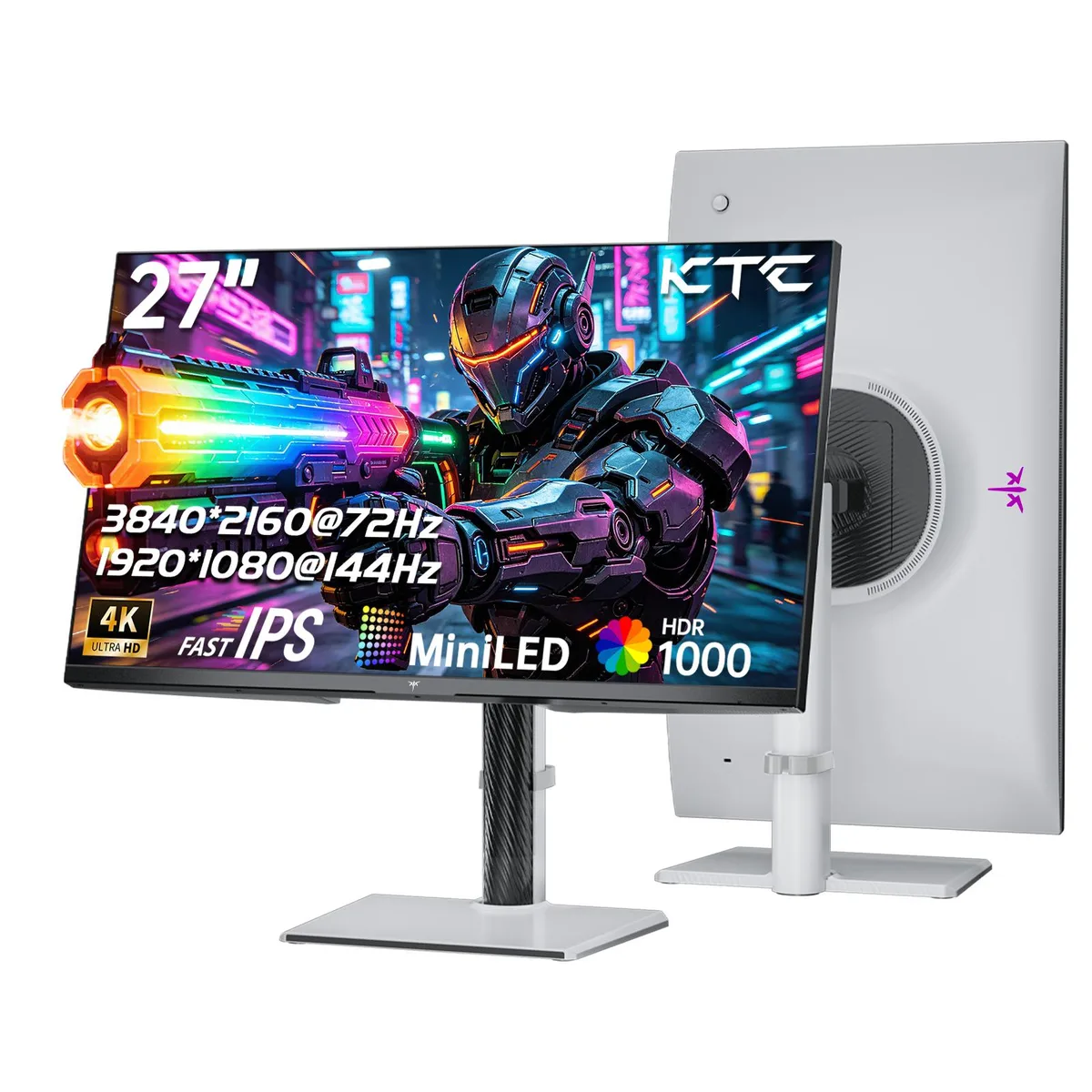 White 27-inch MiniLED gaming monitor on adjustable stand, thin bezels, matte finish