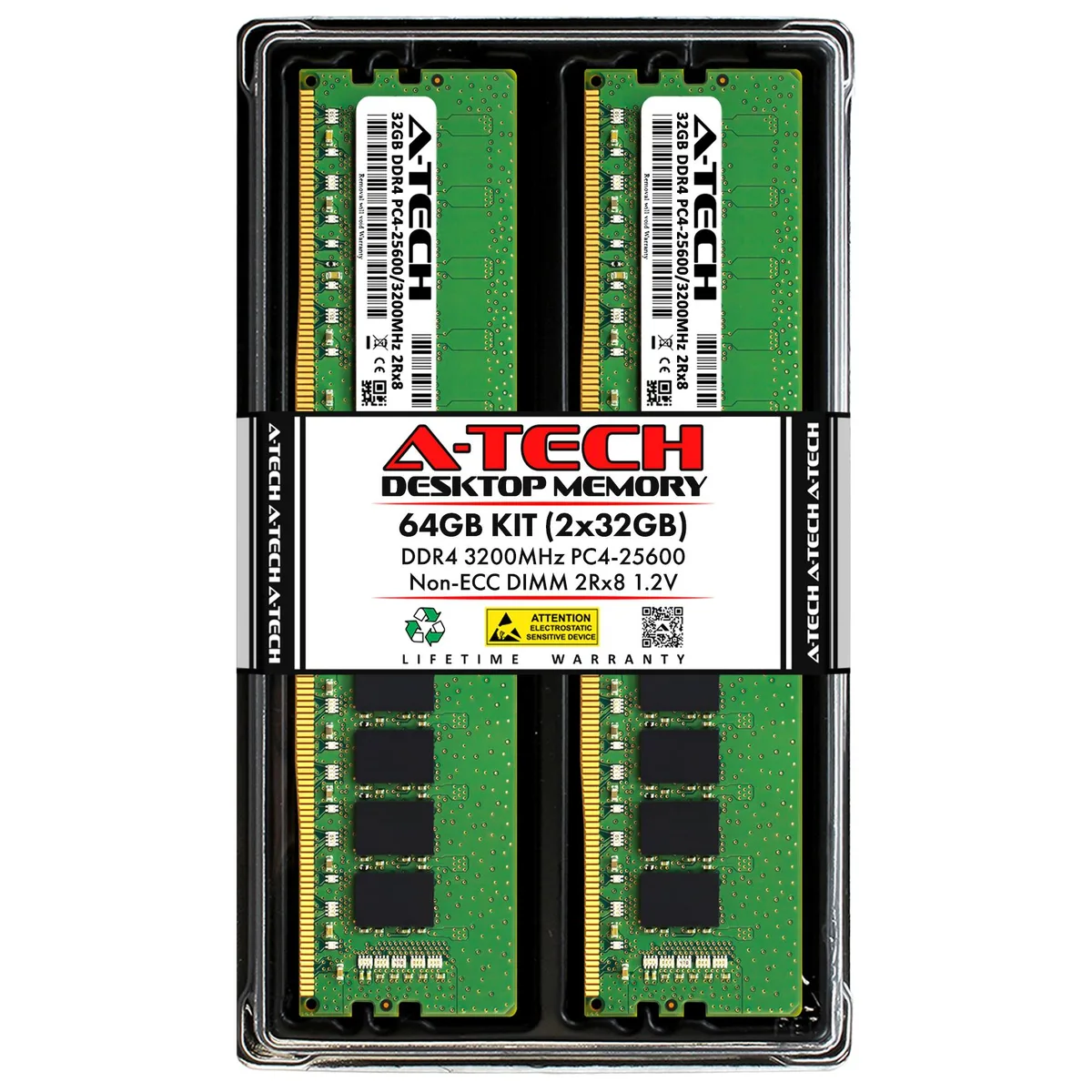 Two green DDR4 DIMM modules, black heat spreaders, 288-pin gold contacts