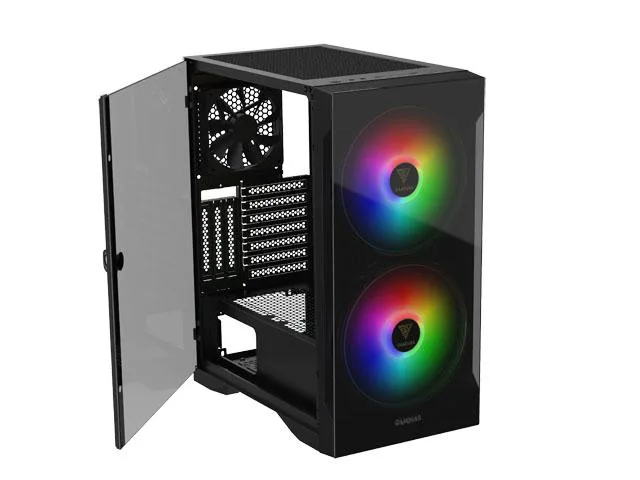 Black ATX mid-tower with dual front 200mm ARGB fans and swing-out tempered glass side panel