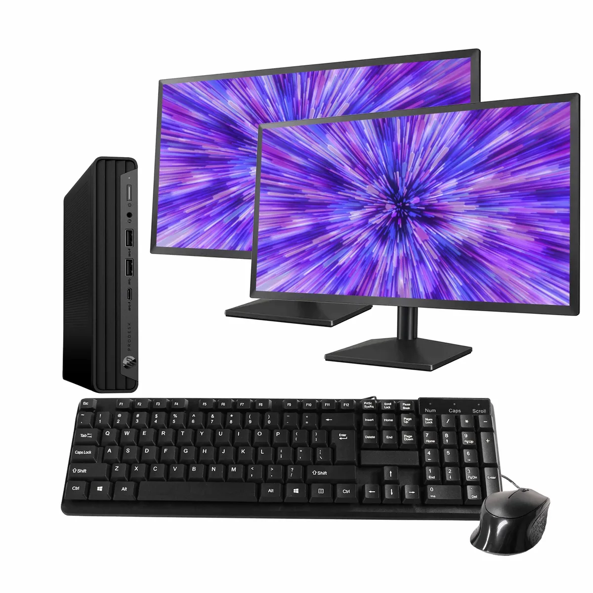 Black HP ProDesk 600 G6 Mini PC tower with two 24-inch monitors, wired keyboard and mouse