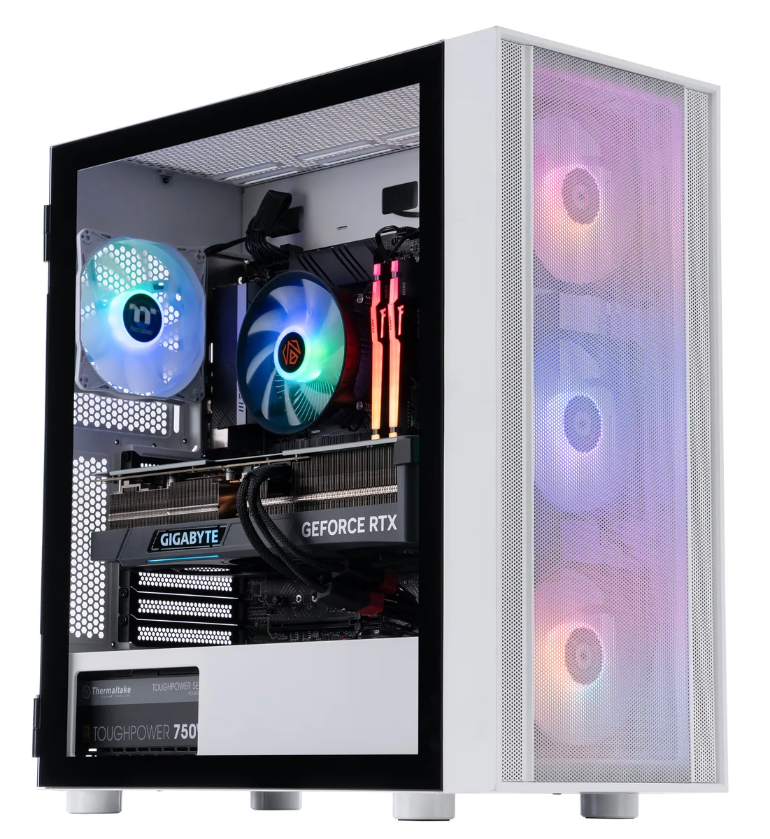 White mid-tower gaming desktop with RGB lighting visible through glass side panel