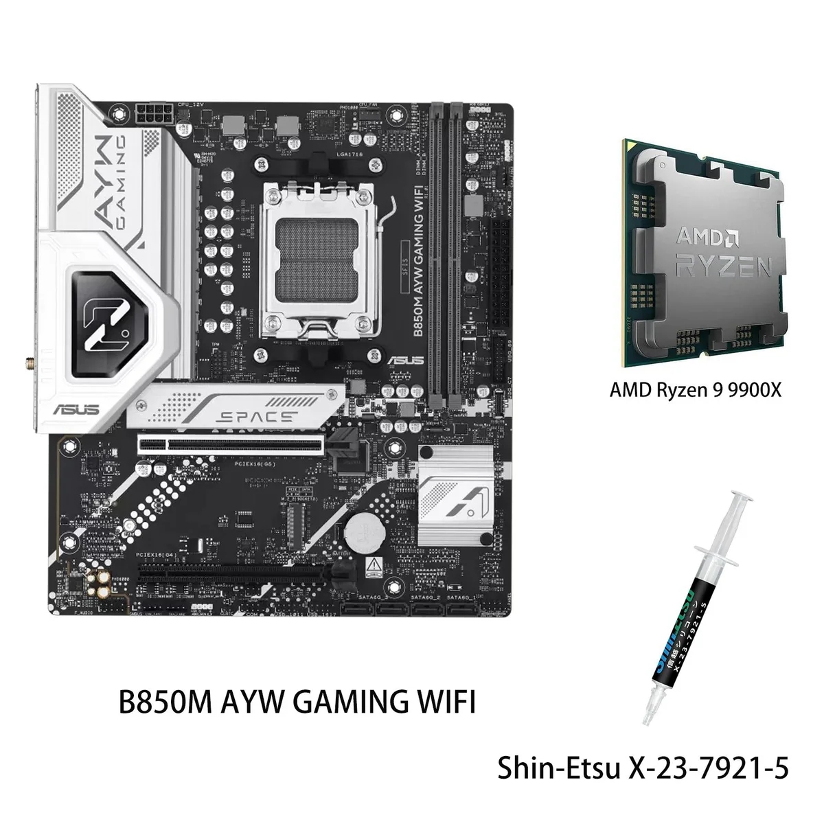 ASUS B850M AYW GAMING WIFI micro-ATX motherboard with Ryzen 9 9900X CPU, black PCB and silver heatsinks