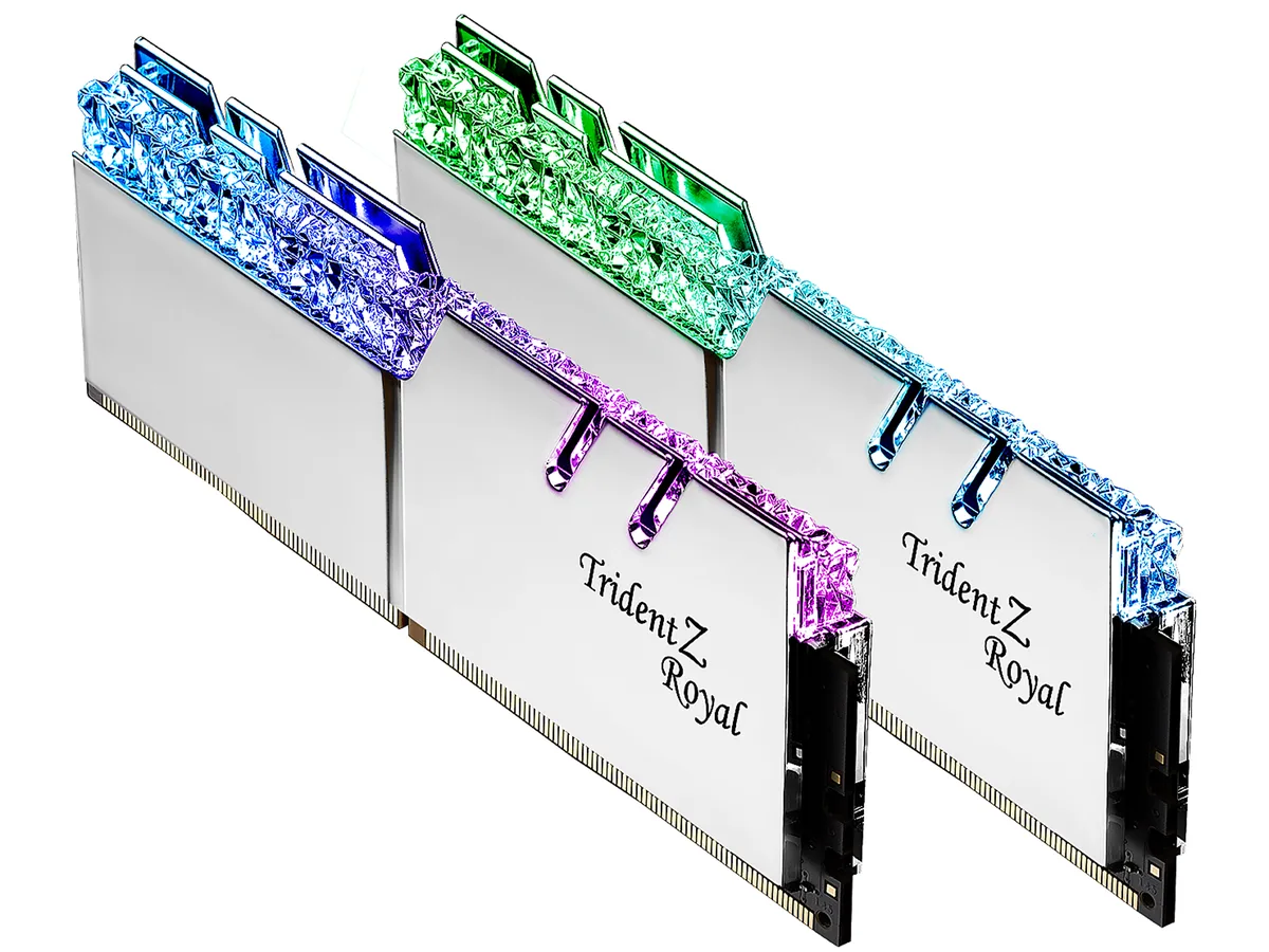 Two silver DDR4 modules with crystalline RGB light bars and mirrored aluminum heatspreaders