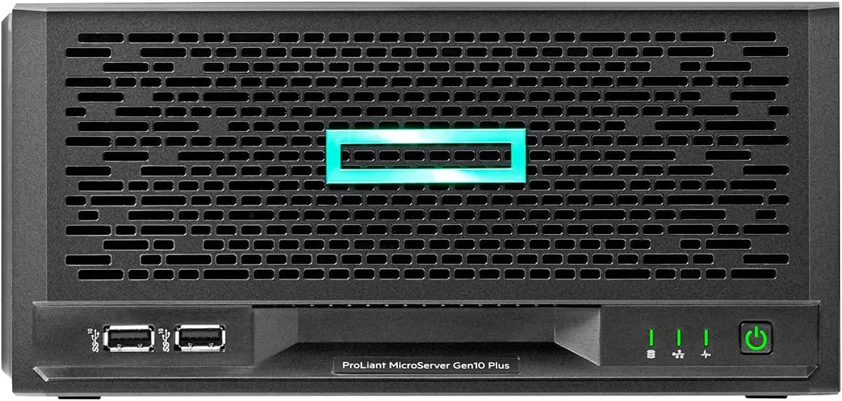 Compact white tower server with four front drive bays and padlock eye