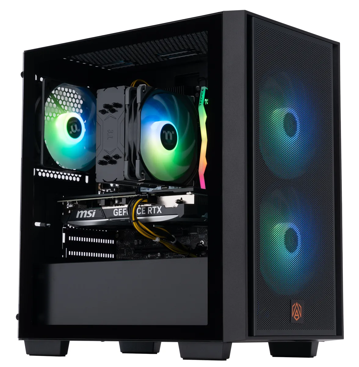 Black mATX tower with RGB-lit CPU cooler and dual-fan graphics card