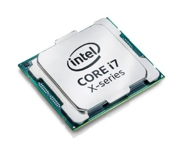 Intel Core i7-7740X desktop processor, silver metal heatspreader with green substrate and gold contact pads, LGA 2066 form factor
