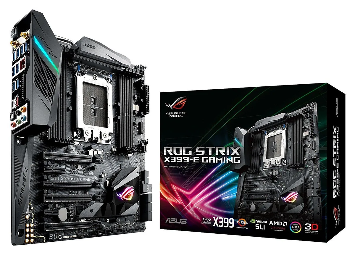 ASUS ROG Strix X399-E Gaming motherboard with diffused RGB lighting across extended ATX board