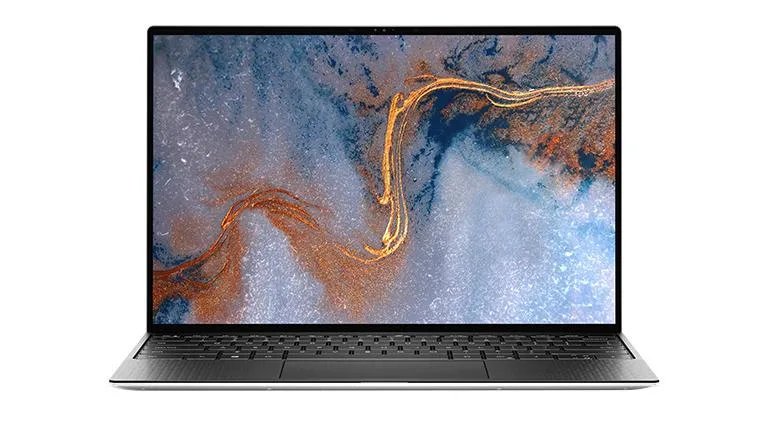 Silver Dell XPS 13 9310 laptop with 13.3 inch touchscreen, two dents on lid, missing rubber feet