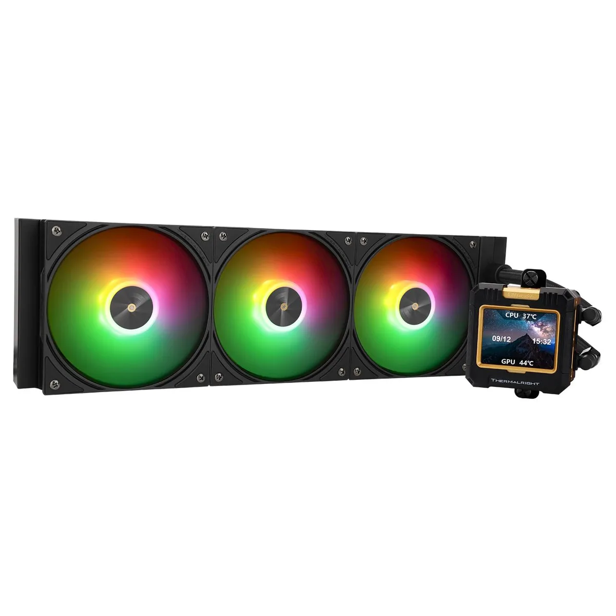Black 360 mm AIO with 2.4 inch IPS LCD pump head, three fans, black and gold finish