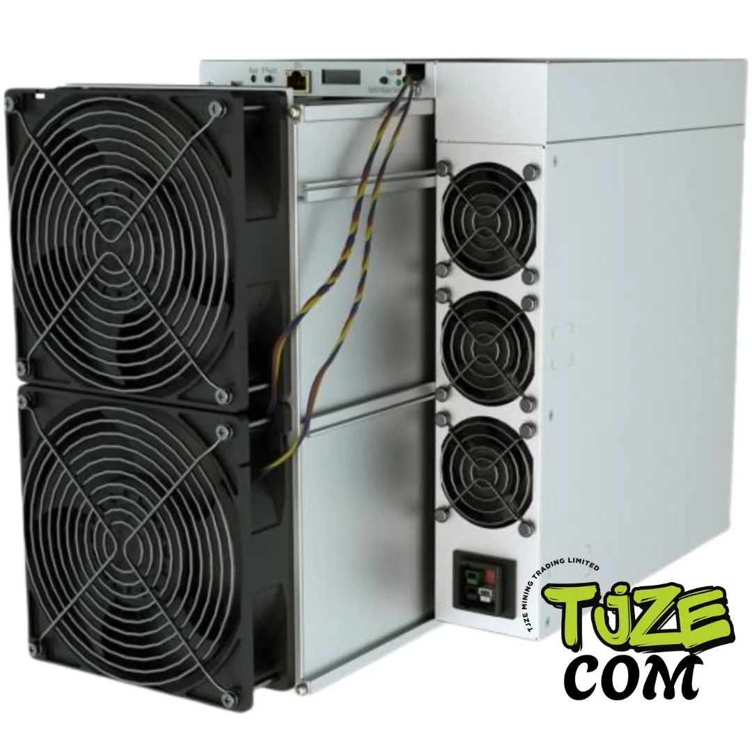 Rectangular silver metal mining unit with four visible fans on front and rear, RJ45 port on side, industrial handle grips