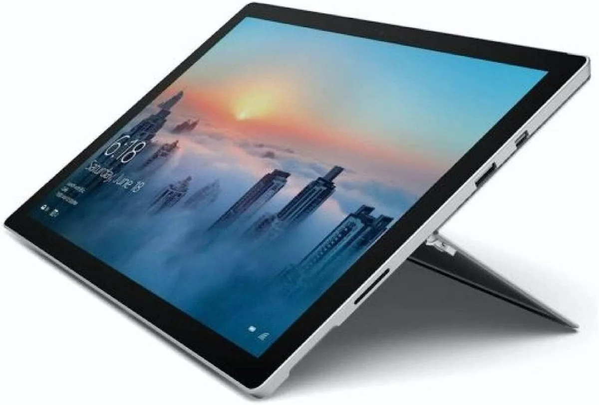 Silver 12.3 inch tablet with kickstand and detachable keyboard cover