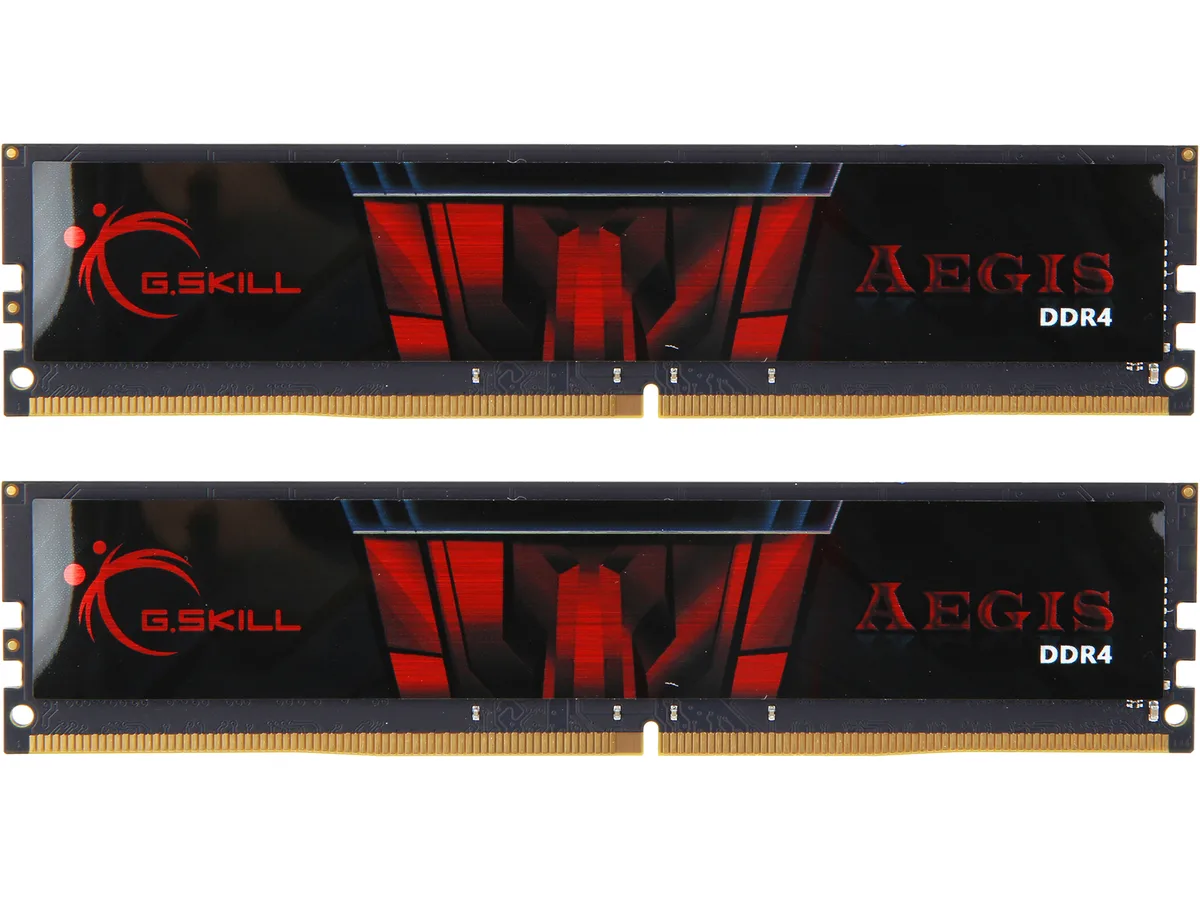 Two black and red DDR4 DIMMs with low-profile heatspreaders