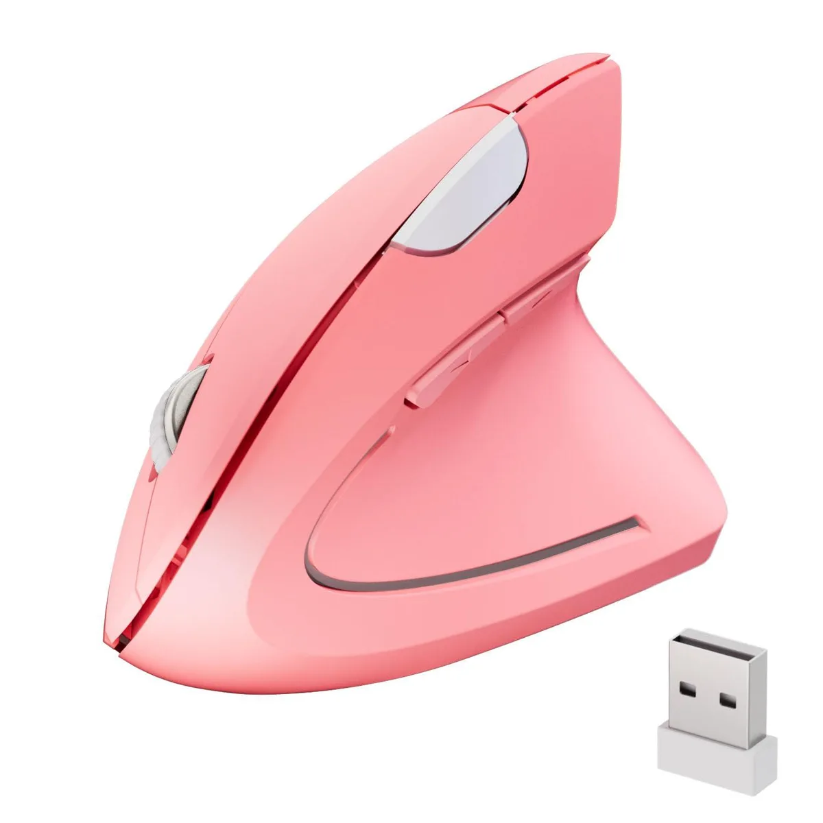 Pink vertical wireless mouse, right-handed ergonomic shape, six buttons, USB receiver visible