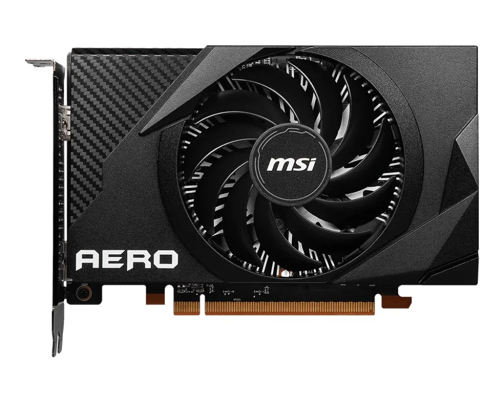 Compact black single-fan graphics card with silver bracket