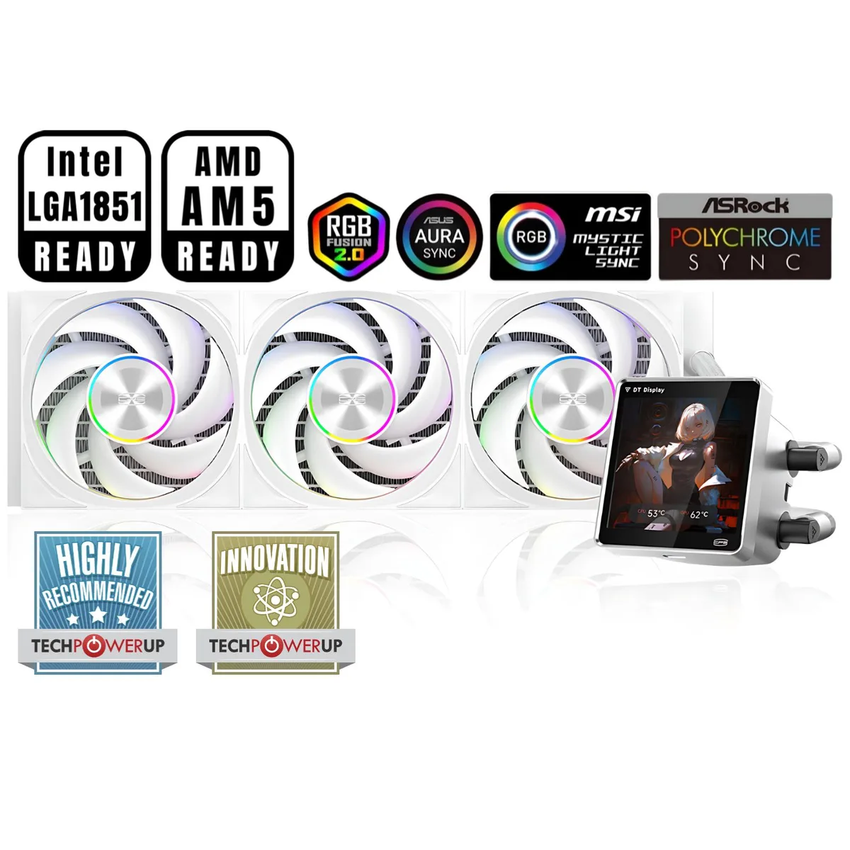 PCCOOLER PCCOOLER DT360 ARGB Display liquid cooler White 360mm 3.4" IPS LCD — Produktfoto