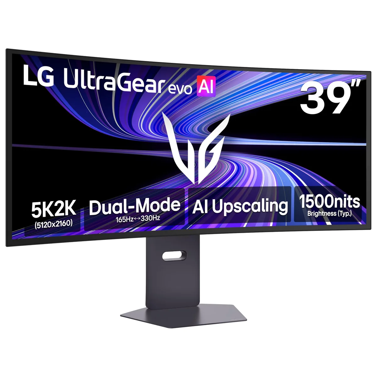 A 39 inch curved ultrawide OLED gaming monitor in purple gray with a height adjustable stand