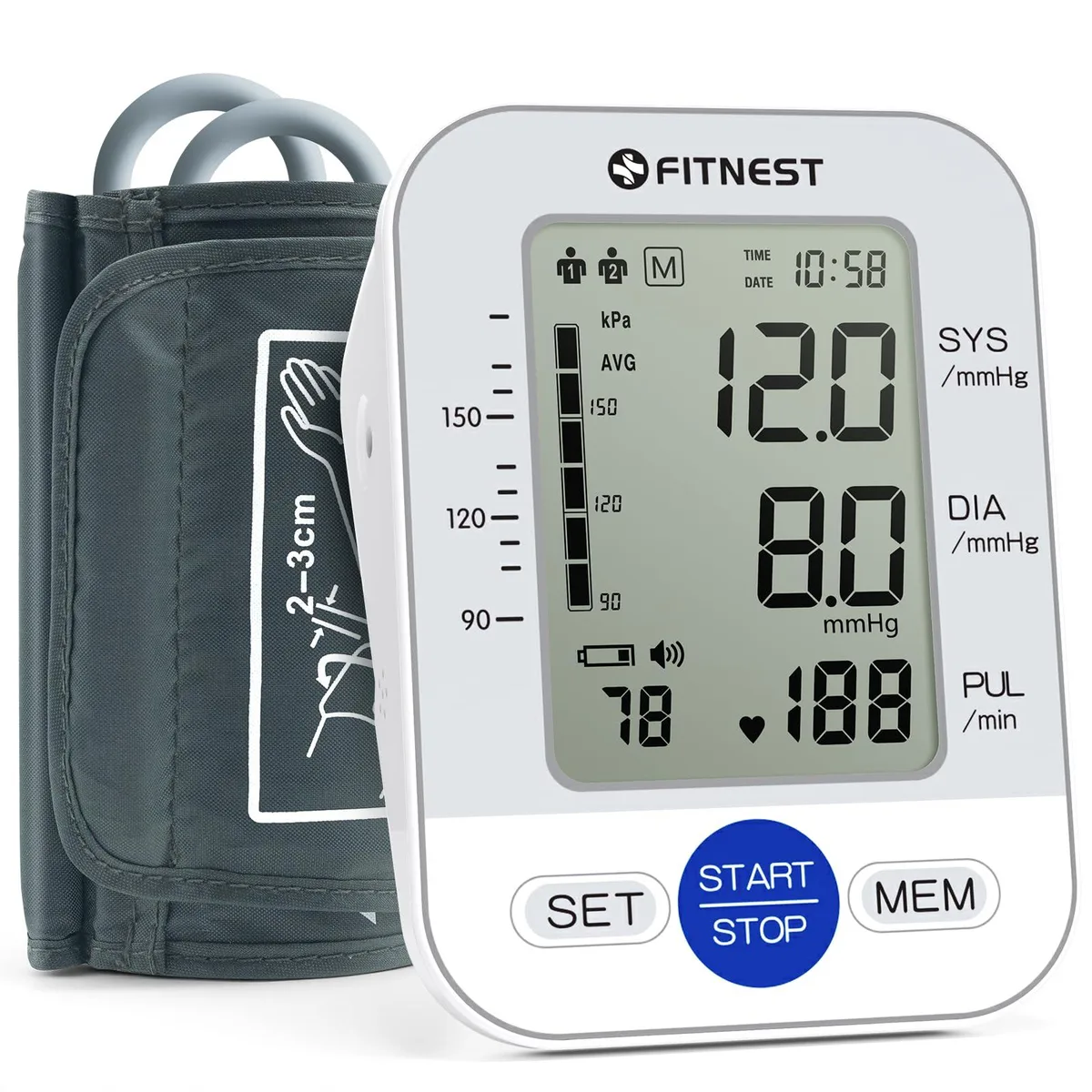 FITNEST blood pressure monitor 4.2" LCD dual user 120 readings 8.7-16.5" cuff — product photo