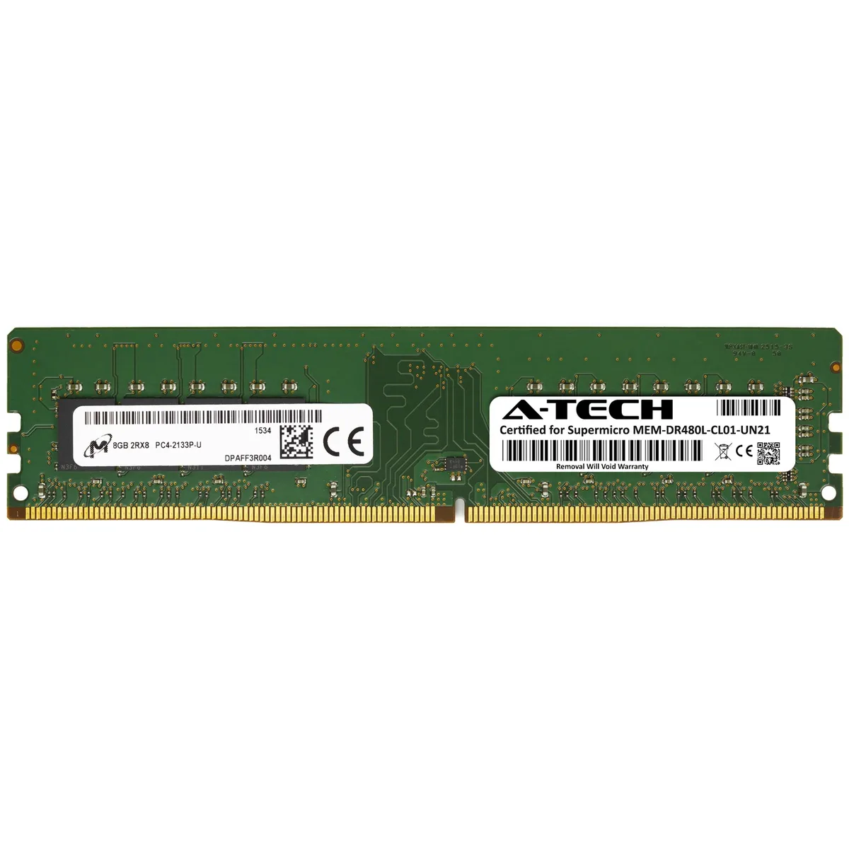 Green circuit board with black memory chips, no heat spreader, 288 gold pins, single 8GB DDR4 DIMM