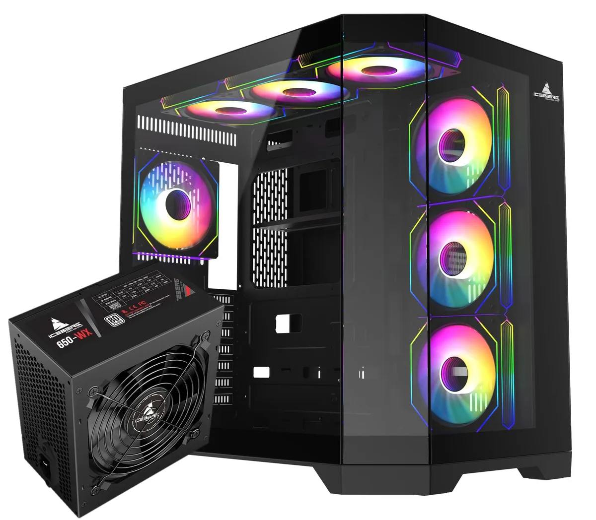 Black ATX cube case with three tempered glass side panels, seven aRGB fans and rear-mounted 650W PSU
