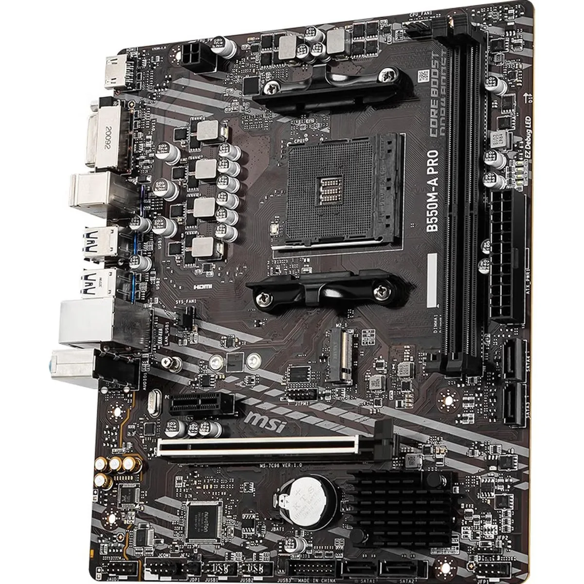 Green rectangular motherboard with silver heatsinks and black slots, AM4 socket and B550 chipset, micro-ATX form factor