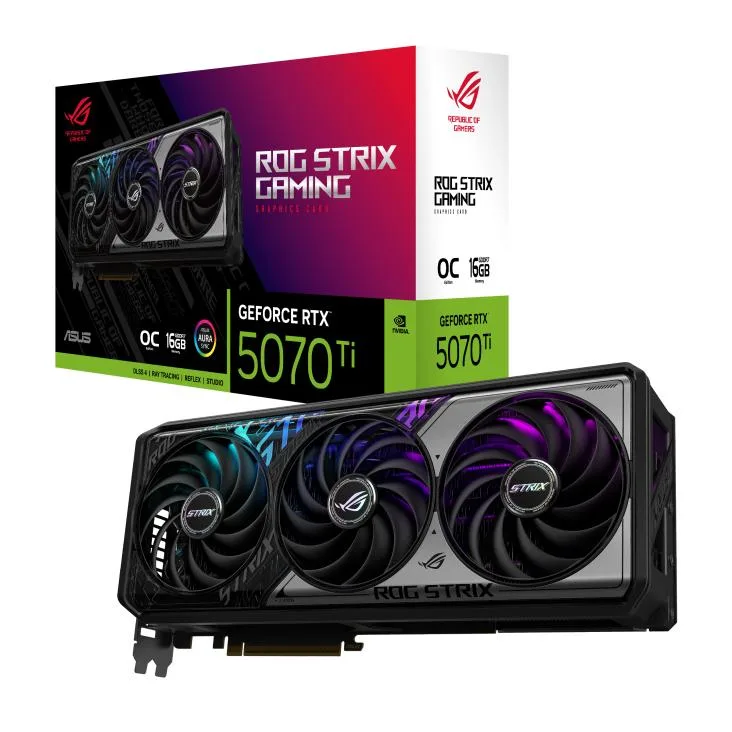 Triple-fan graphics card with silver shroud and illuminated ROG logo