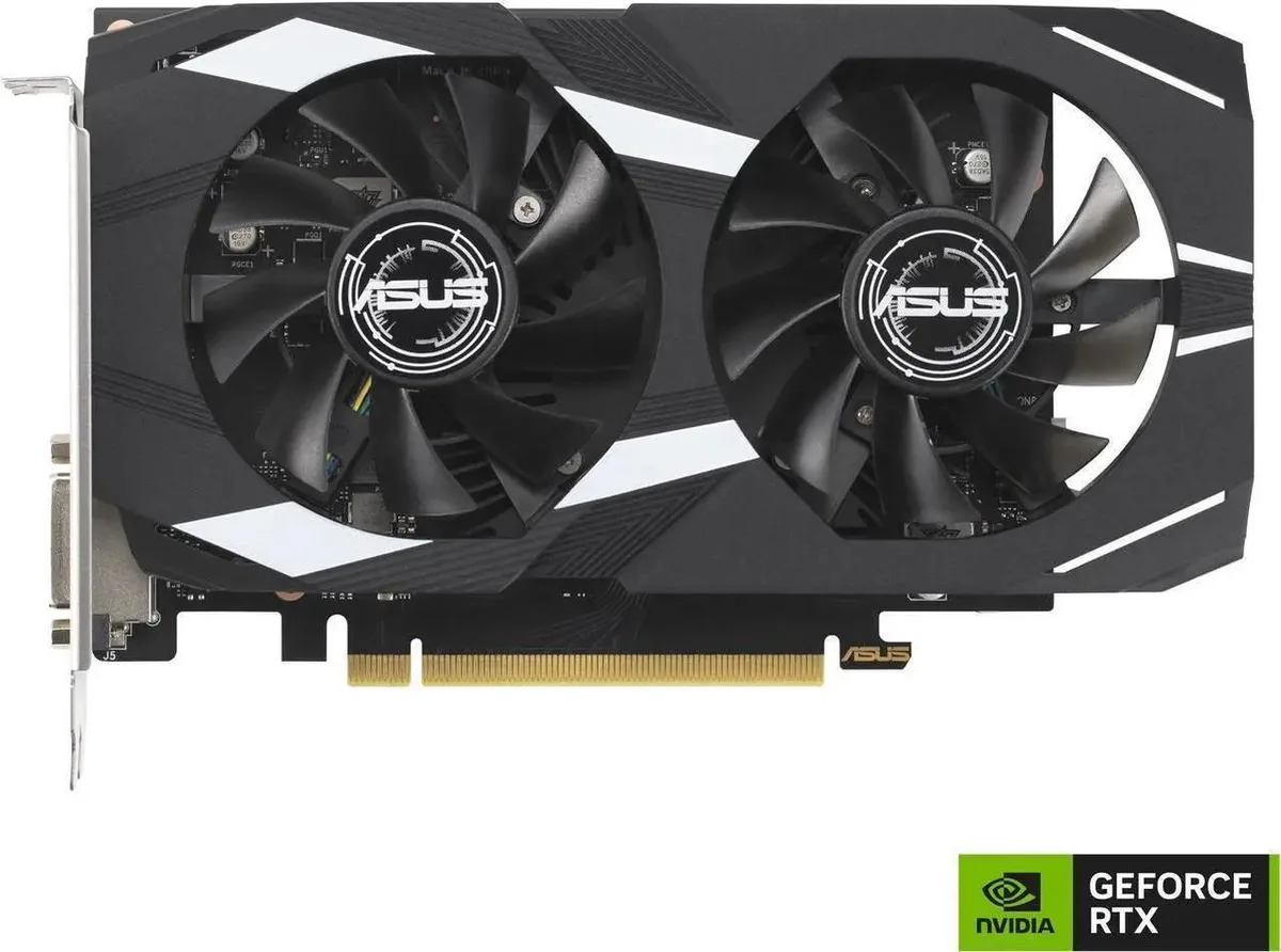 ASUS Dual GeForce RTX 3050 6GB graphics card, two axial-tech fans, dark shroud, silver backplate, PCIe bracket, HDMI DisplayPort DVI