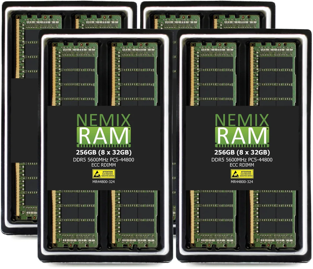 Eight green DDR5 RDIMM sticks in a row, bare black chips, no heat spreaders, 288 pins visible