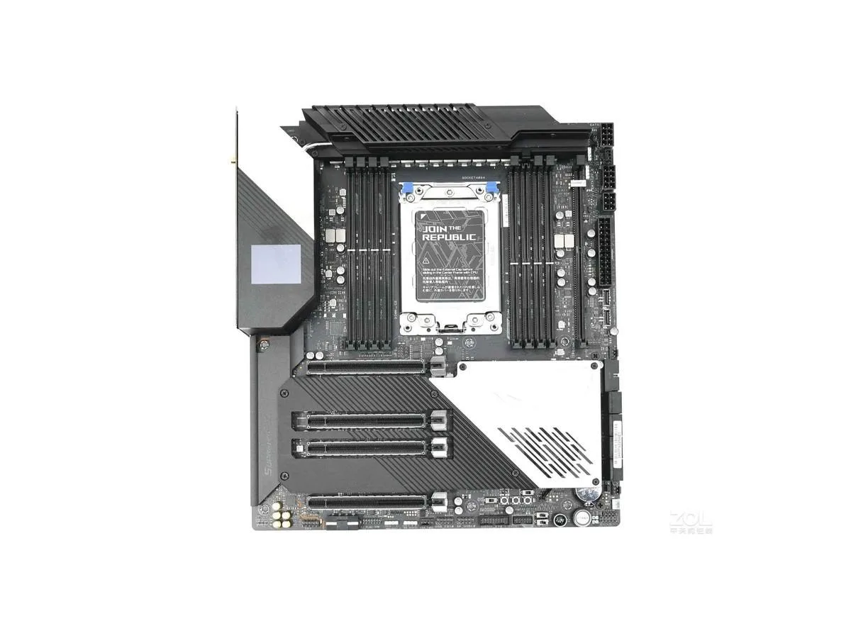 Large rectangular ATX motherboard with dark metallic finish and multiple expansion slots