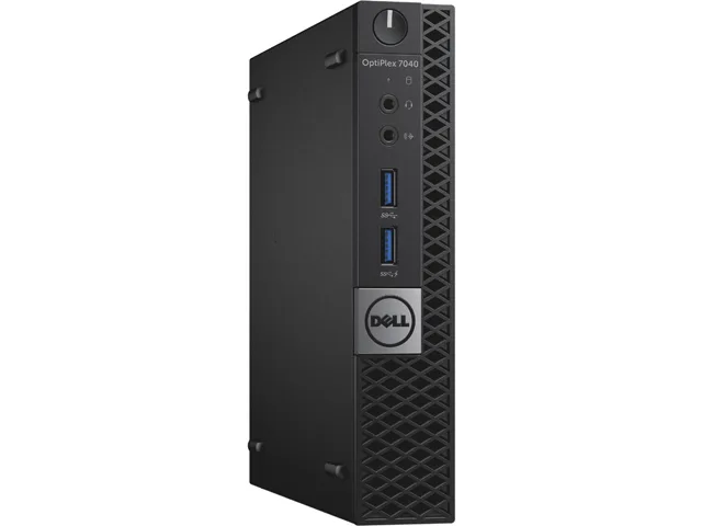Black micro tower desktop with wired keyboard and mouse