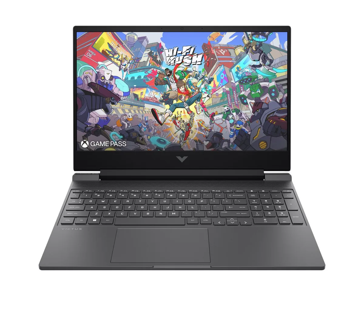 Dark grey 15.6 inch laptop with thin screen bezels and backlit keyboard