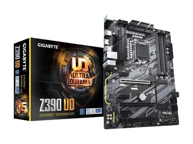 ATX motherboard with dark PCB, silver heatsinks, HDMI and USB ports visible