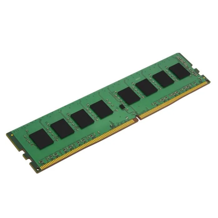 Green rectangular circuit board with eight black memory chips and gold edge connectors