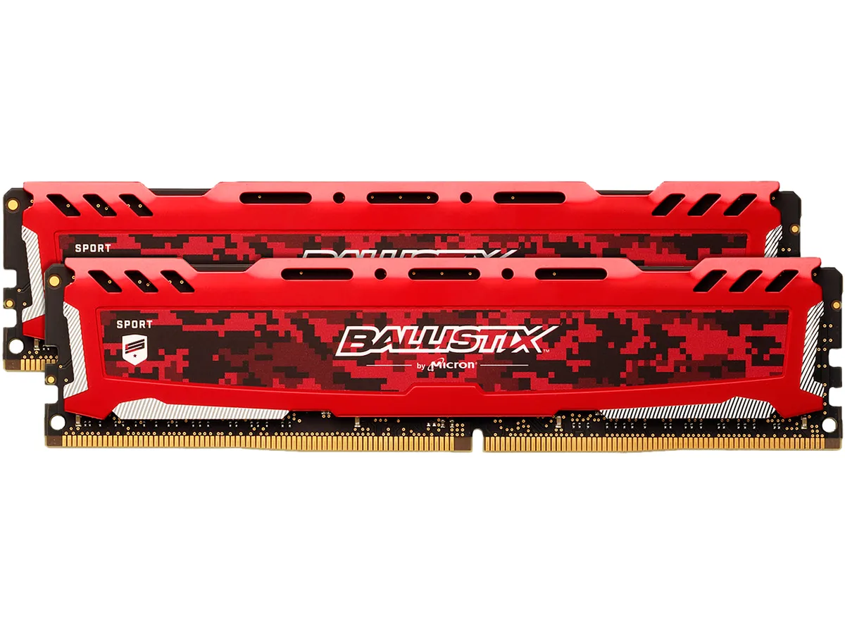 Two red DDR4 DIMMs with digital camo heat spreaders