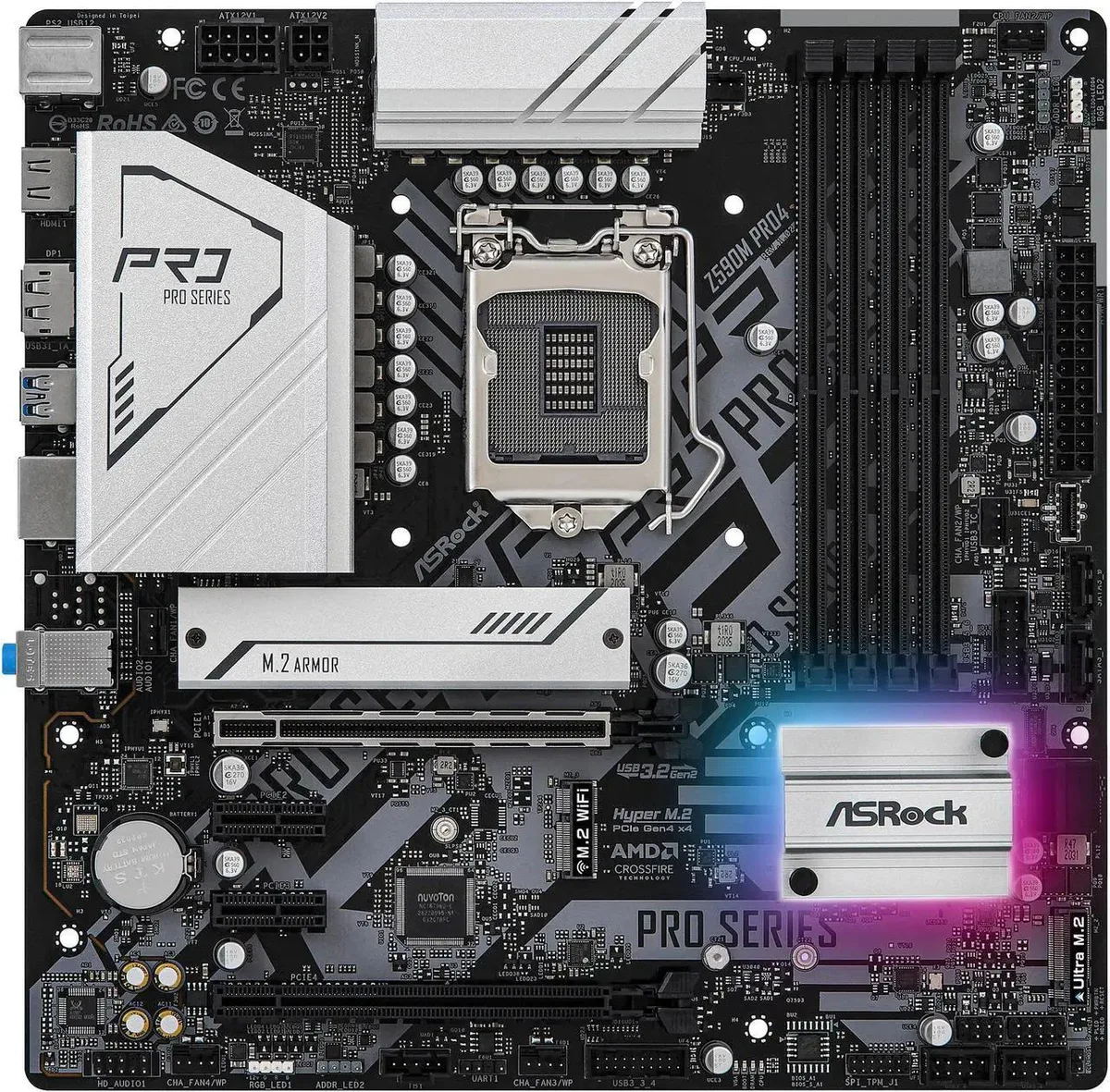 Micro ATX board, black PCB, silver heatsinks, LGA 1200 socket, four DDR4 slots, PCIe x16 and x1 slots, M.2 heatshield, rear I/O panel