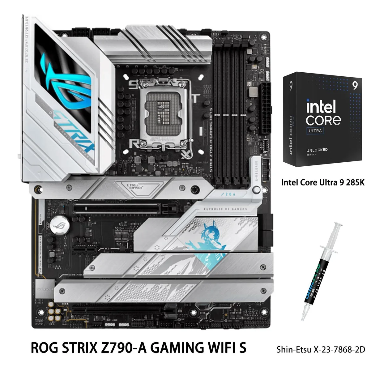 Silver-white ATX motherboard with CPU and thermal paste tube