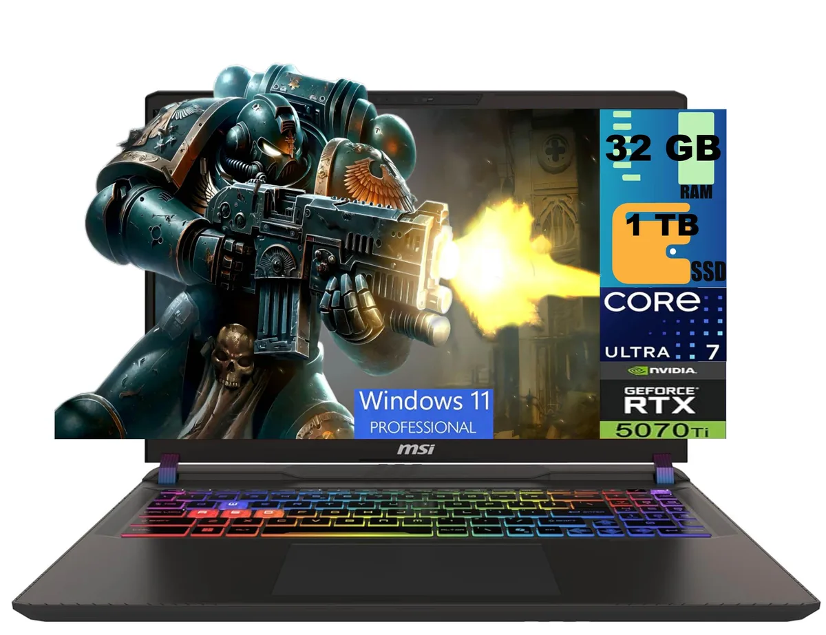 Black 16 inch gaming laptop with RGB keyboard and thin bezels