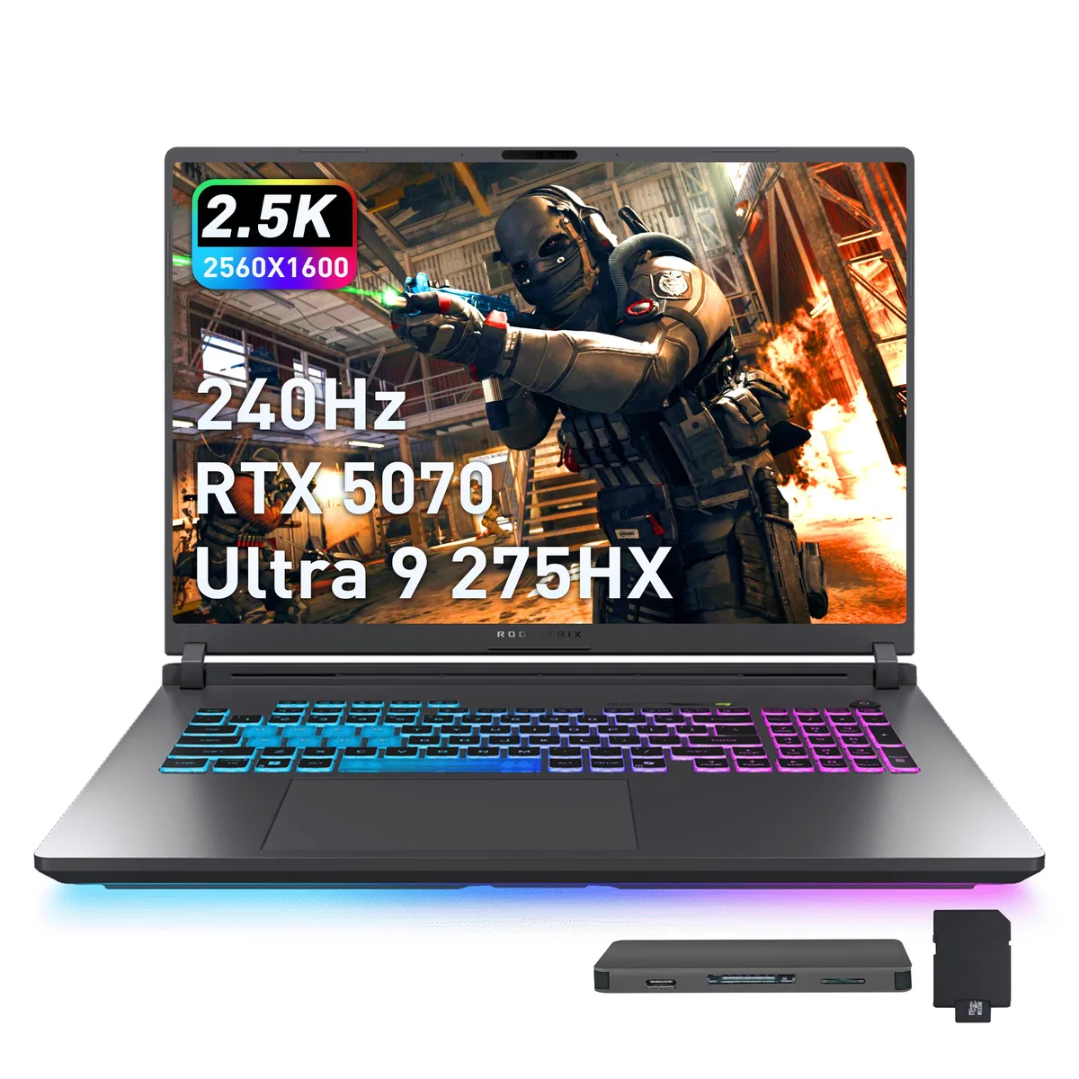 Gray 18-inch gaming laptop with matte finish and RGB keyboard