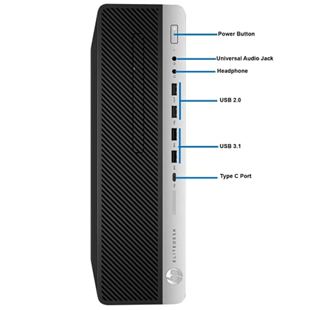 Small silver tower desktop with DVD slot and front ports