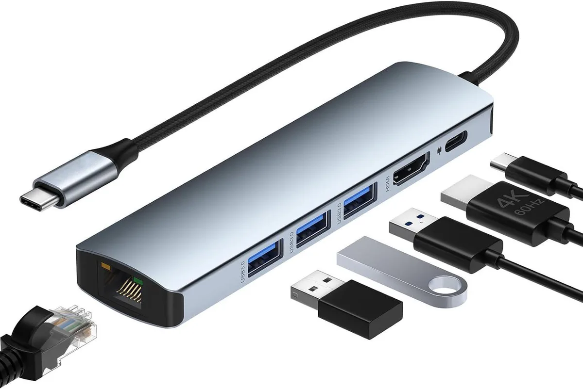 WRIARICH WRIARICH 6-in-1 USB-C Type-C to Gigabit Ethernet Adapter, 3-Port USB 3.0 4K HDMI, 100W PD, Compatible Pro/Air — ürün fotoğrafı