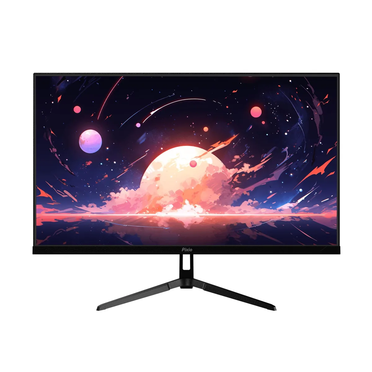 Black 27 inch frameless gaming monitor on stand, IPS panel visible