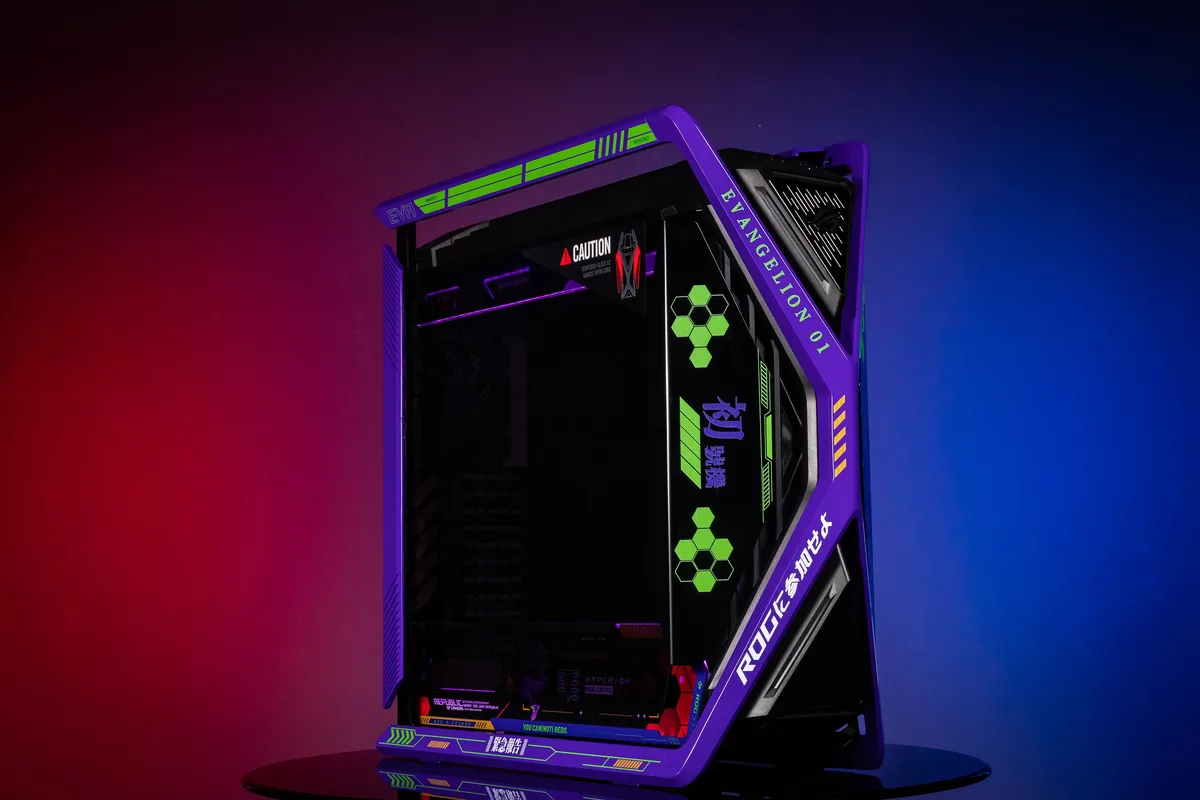 Full-tower E-ATX case in purple Evangelion EVA-01 graphics with dual tempered glass panels