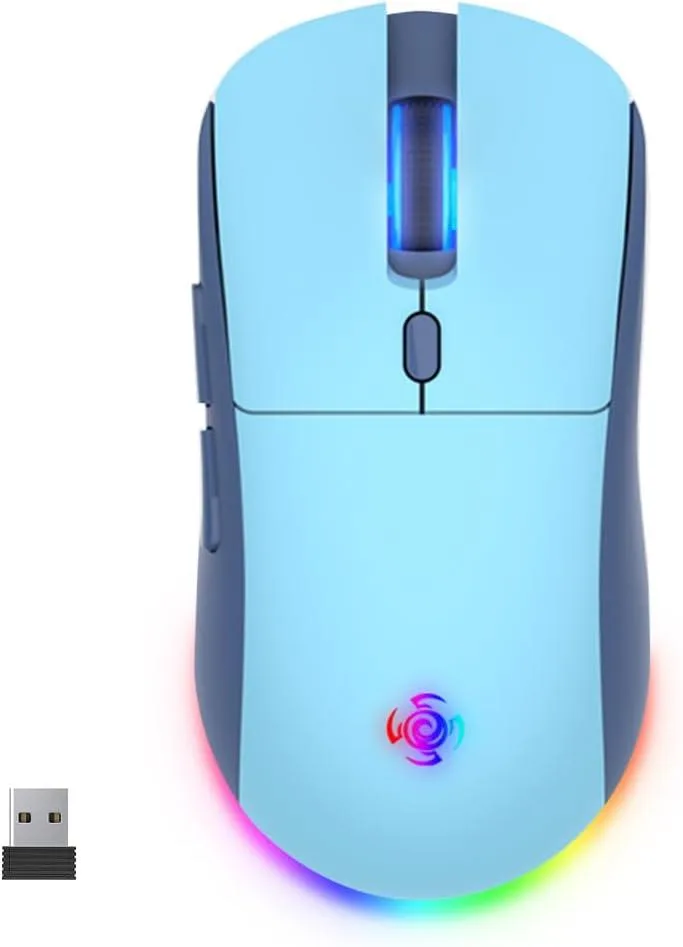 Blue ergonomic wireless gaming mouse with nano receiver stored underneath