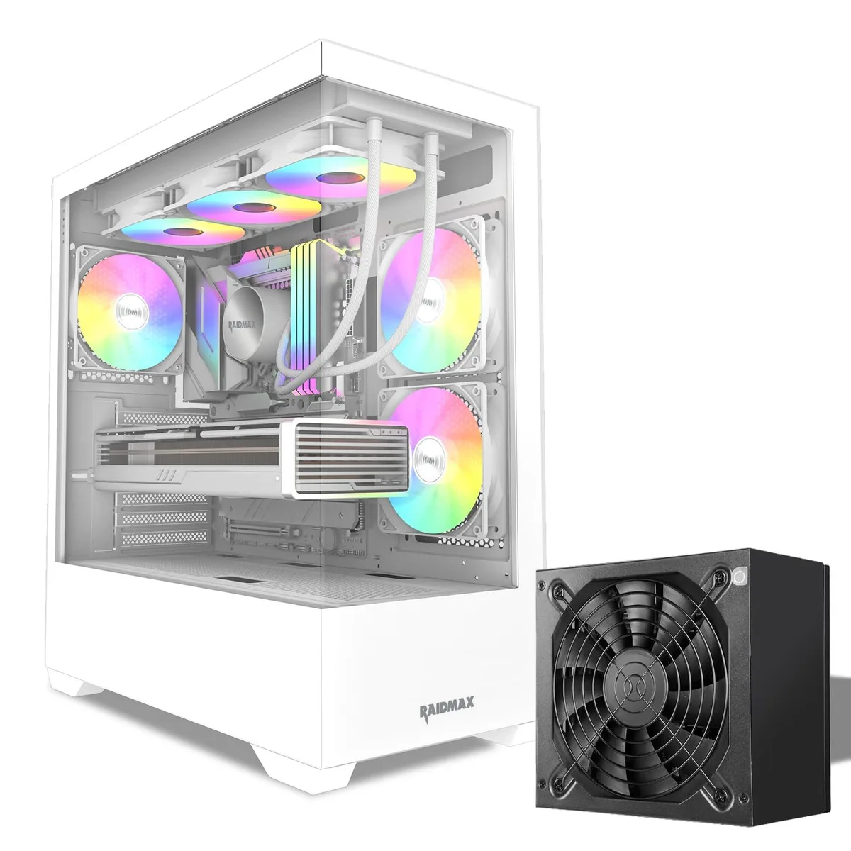 White mid-tower case with three-sided tempered glass and three 120mm ARGB fans