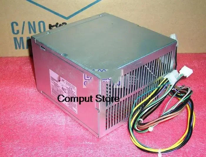 Rectangular silver ATX power supply unit with fan grille and cable bundle